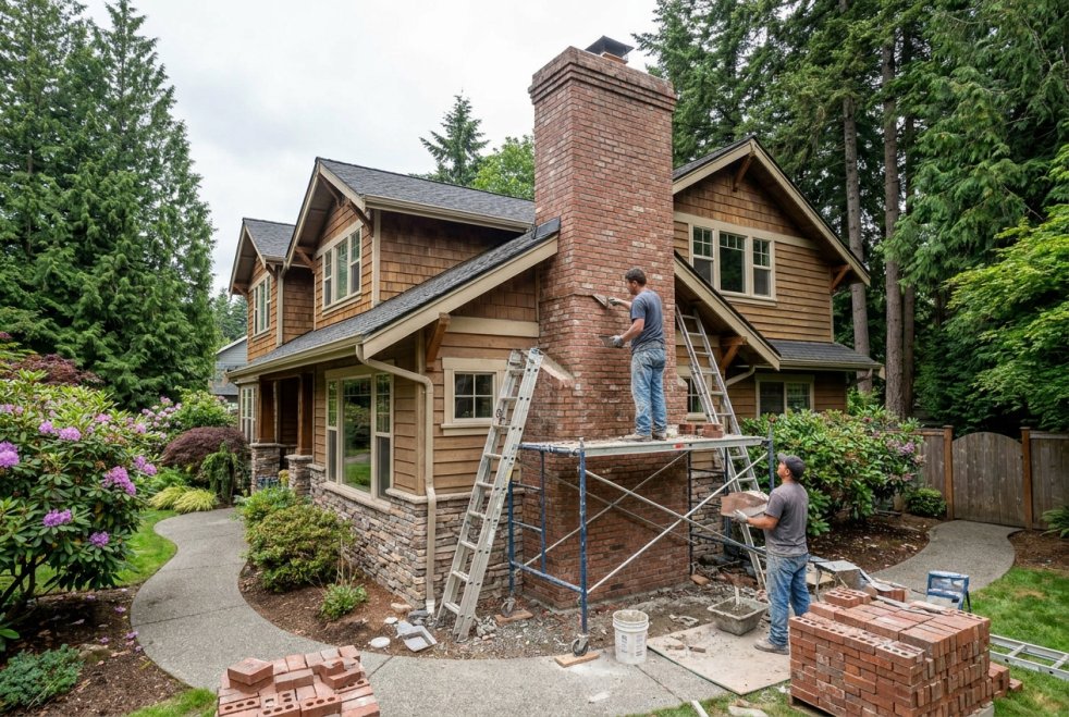 Workers repairing a brick chimney on a Craftsman-style home in Bothell, Washington