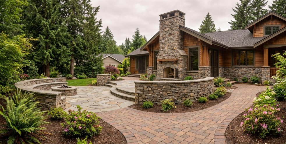 Backyard patio with stone retaining walls, paver walkway, and a stone fireplace beside a house