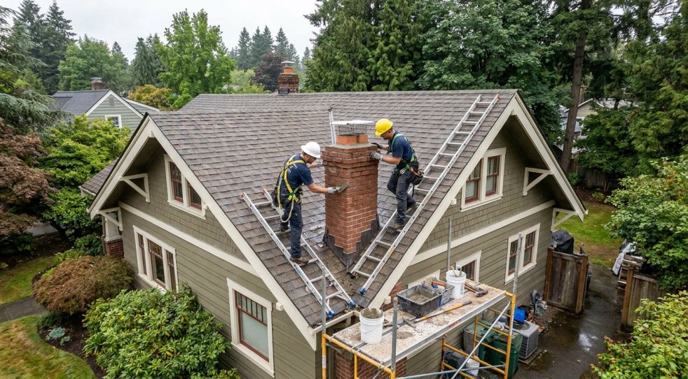 Two roofers repairing a brick chimney on a home roof in a wooded Washington neighborhood