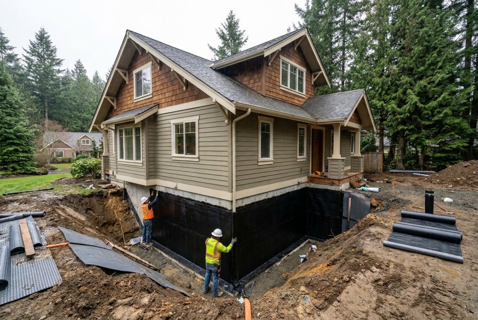 Workers waterproofing a house foundation in a dug-out yard with drainage membrane and gravel